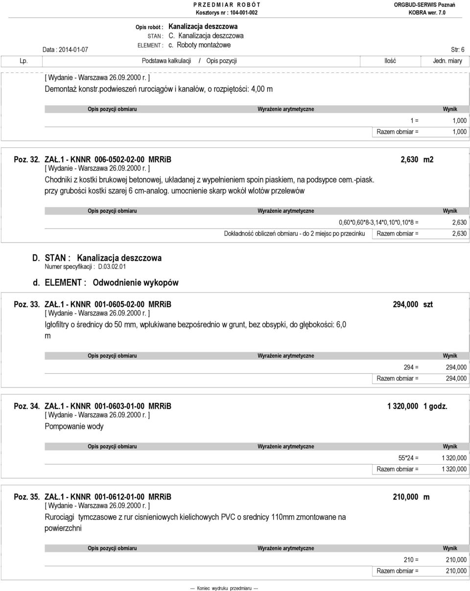 umocnienie skarp wokół wlotów przelewów 0,60*0,60*8-3,14*0,10*0,10*8 = 2,630 Dokładność obliczeń obmiaru - do 2 miejsc po przecinku Razem obmiar = 2,630 D. STAN : Kanalizacja deszczowa d.