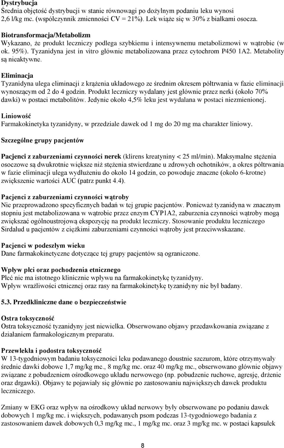 Tyzanidyna jest in vitro głównie metabolizowana przez cytochrom P450 1A2. Metabolity są nieaktywne.
