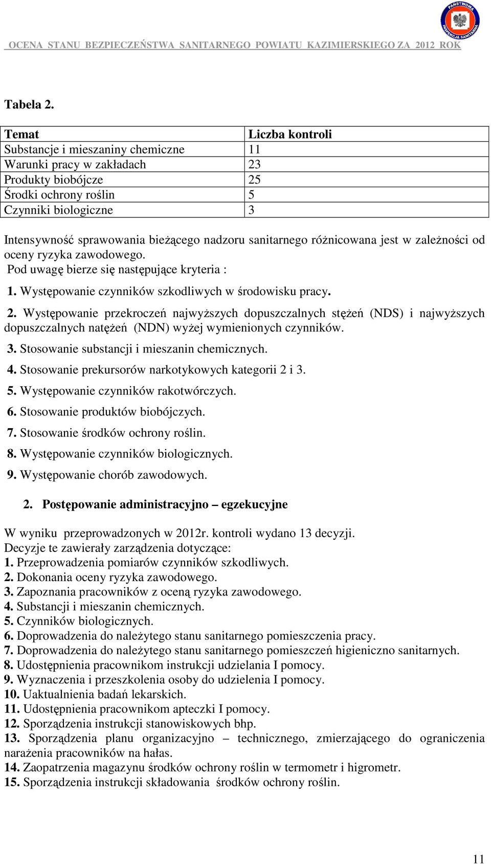 sanitarnego róŝnicowana jest w zaleŝności od oceny ryzyka zawodowego. Pod uwagę bierze się następujące kryteria : 1. Występowanie czynników szkodliwych w środowisku pracy. 2.