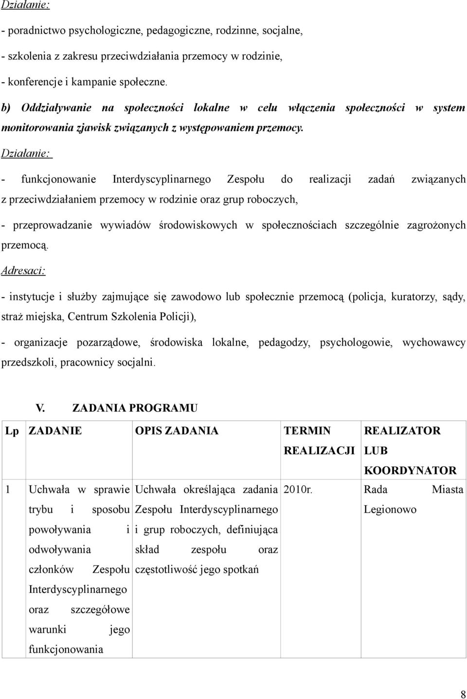 Działanie: - funkcjonowanie Interdyscyplinarnego Zespołu do realizacji zadań związanych z przeciwdziałaniem przemocy w rodzinie oraz grup roboczych, - przeprowadzanie wywiadów środowiskowych w