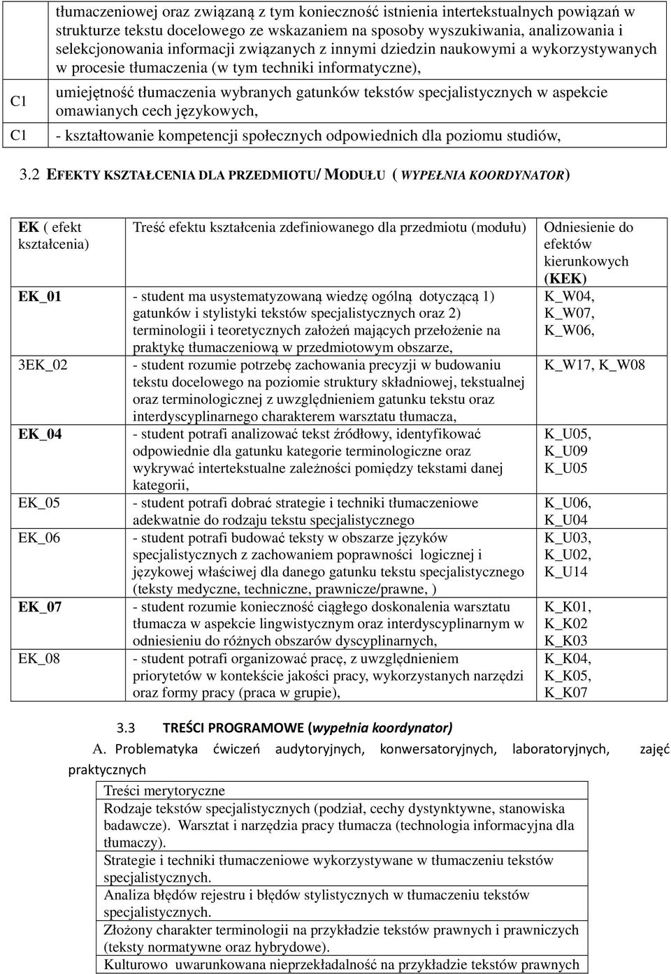 aspekcie omawianych cech językowych, - kształtowanie kompetencji społecznych odpowiednich dla poziomu studiów, 3.