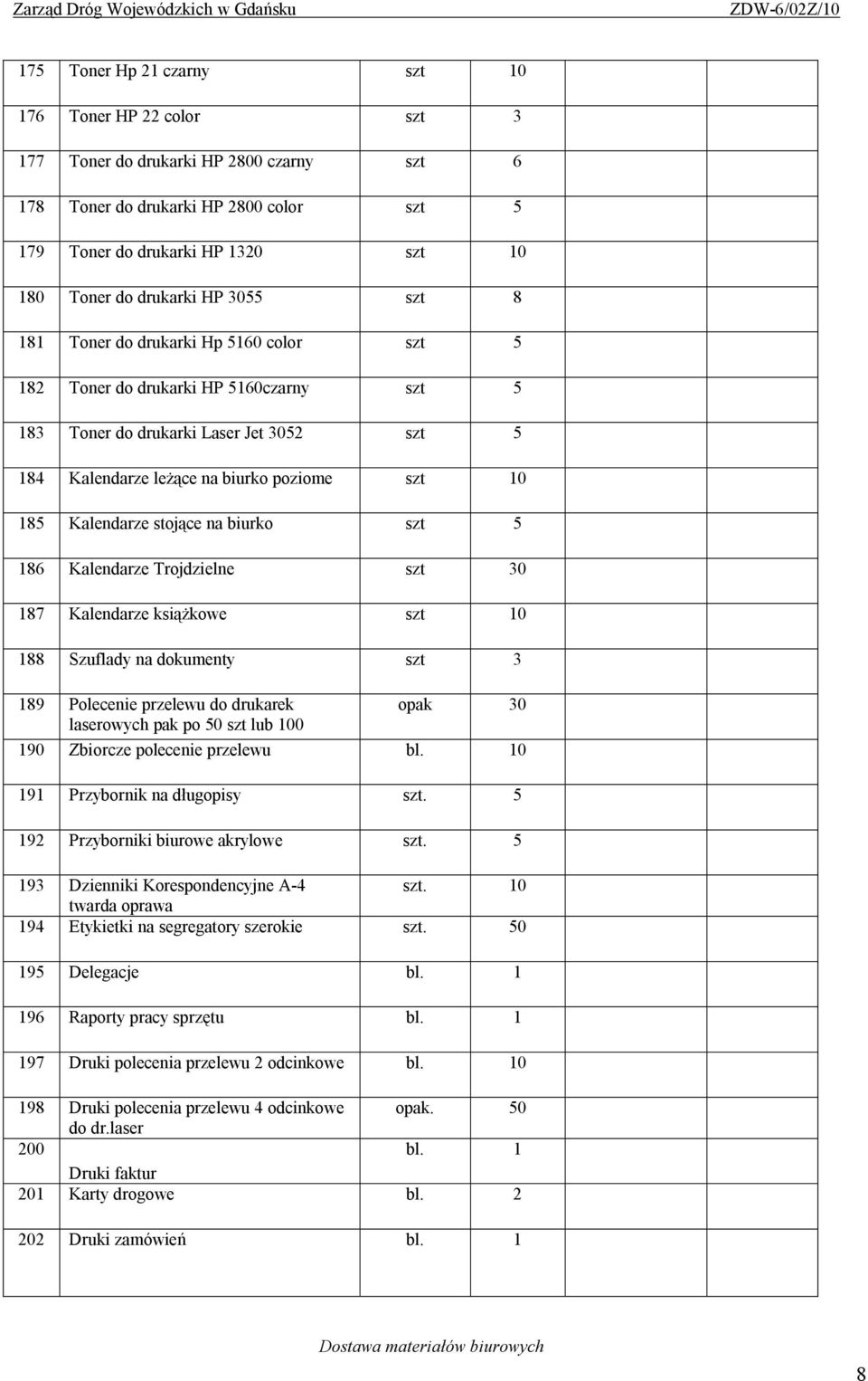 185 Kalendarze stojące na biurko szt 5 186 Kalendarze Trojdzielne szt 30 187 Kalendarze książkowe szt 10 188 Szuflady na dokumenty szt 3 189 Polecenie przelewu do drukarek opak 30 laserowych pak po