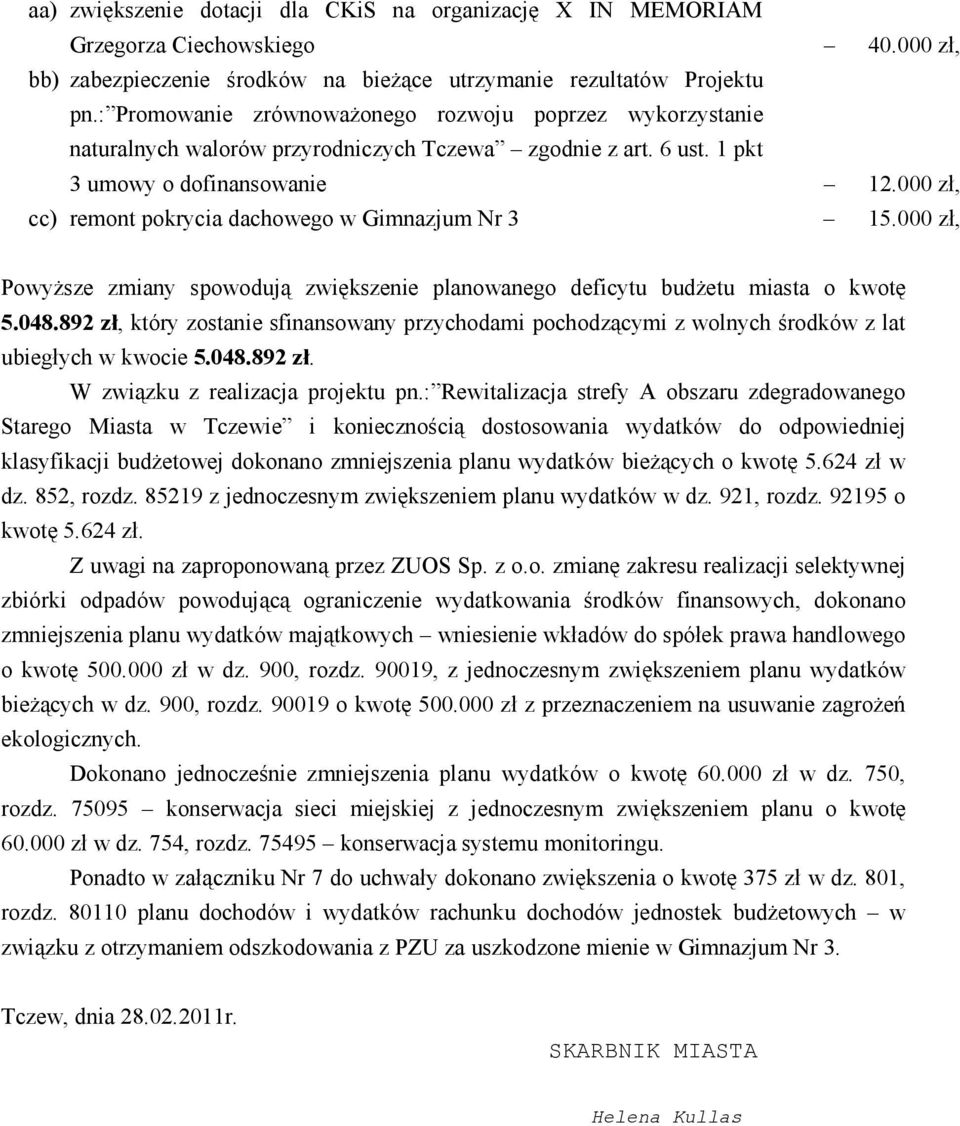 000 zł, cc) remont pokrycia dachowego w Gimnazjum Nr 3 15.000 zł, Powyższe zmiany spowodują zwiększenie planowanego deficytu budżetu miasta o kwotę 5.048.