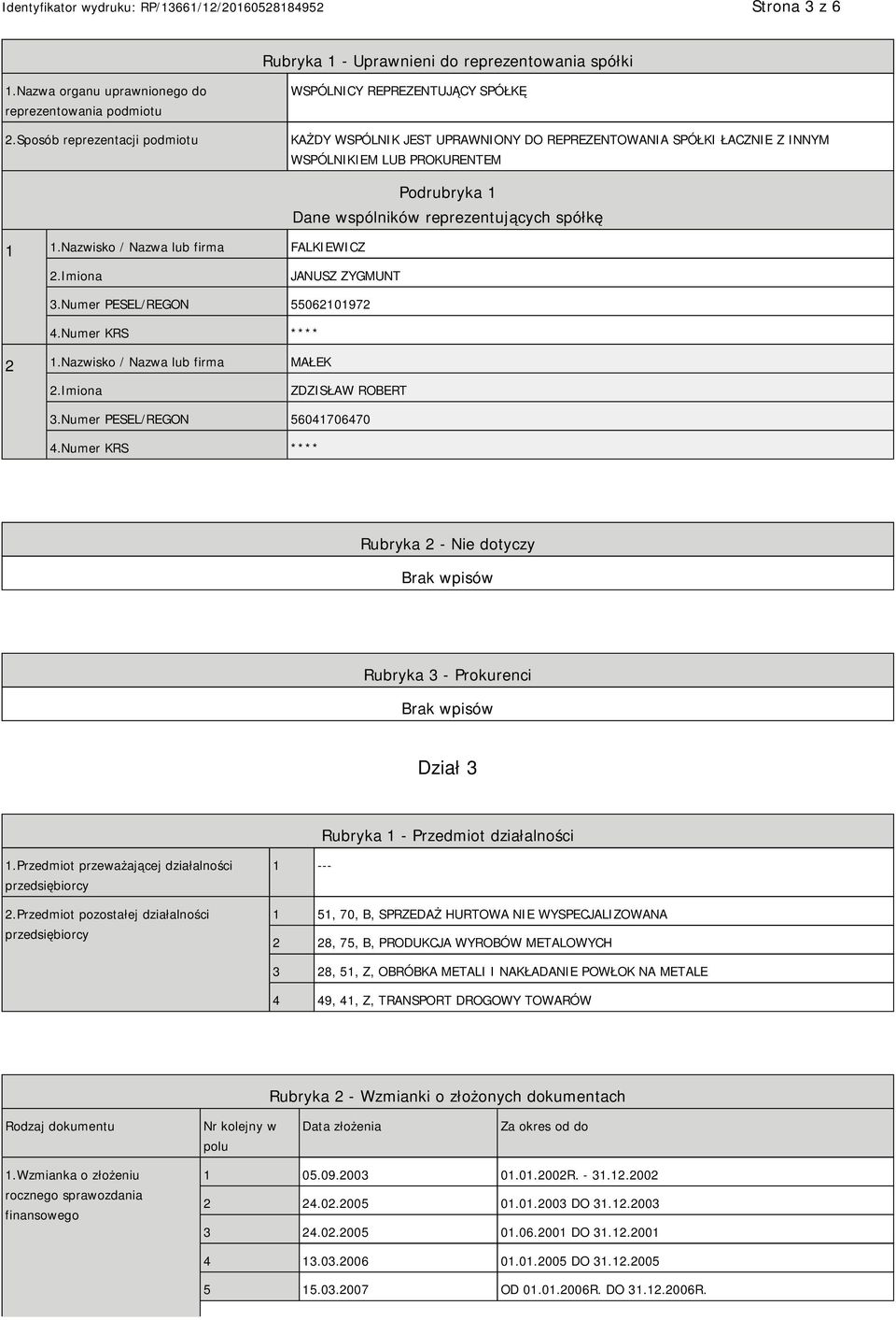 Nazwisko / Nazwa lub firma FALKIEWICZ Podrubryka 1 Dane wspólników reprezentujących spółkę JANUSZ ZYGMUNT 3.Numer PESEL/REGON 55062101972 4.Numer KRS **** 2 1.