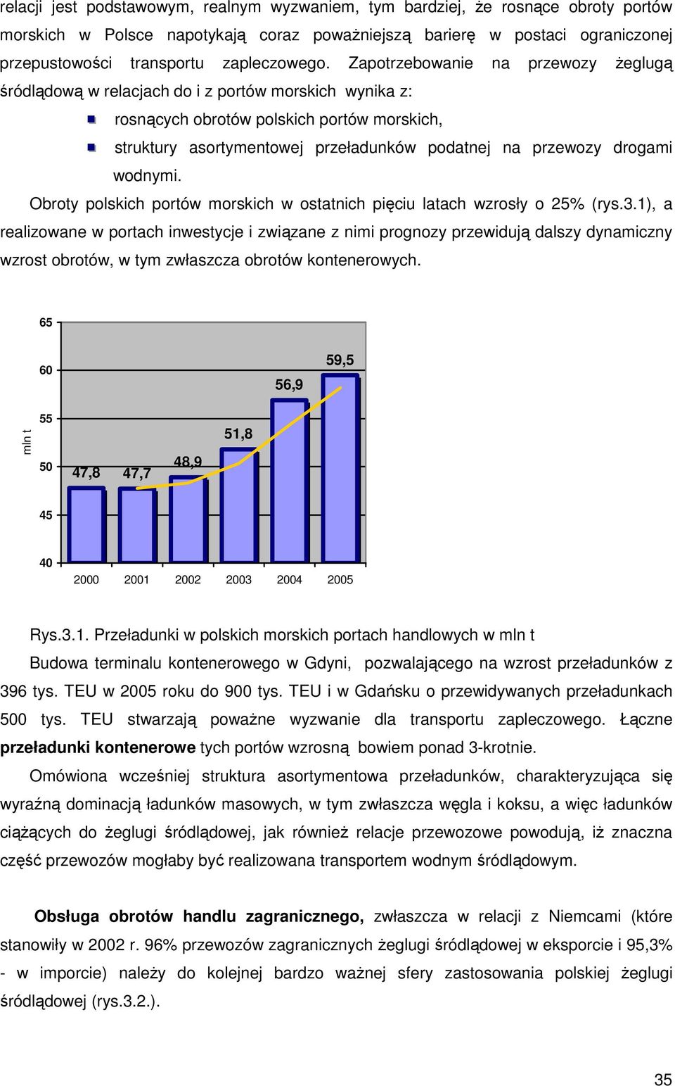 Zapotrzebowanie na przewozy żeglugą śródlądową w relacjach do i z portów morskich wynika z: rosnących obrotów polskich portów morskich, struktury asortymentowej przeładunków podatnej na przewozy