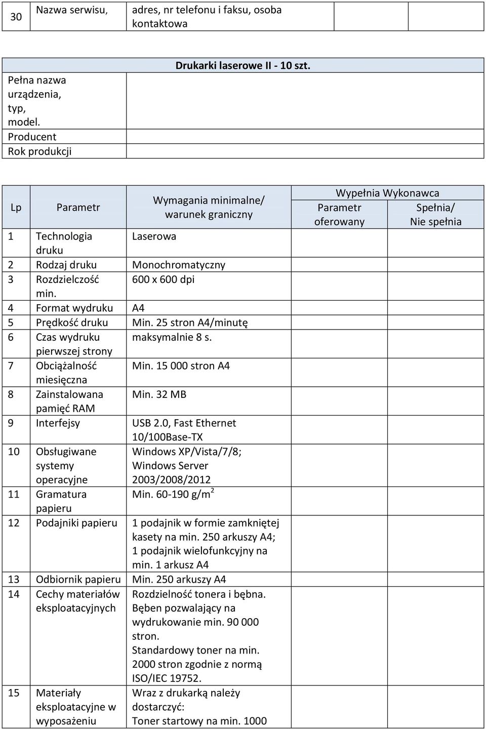 25 stron A4/minutę 6 Czas wydruku maksymalnie 8 s. pierwszej strony 7 Obciążalność Min. 15 000 stron A4 miesięczna 8 Zainstalowana Min. 32 MB pamięć RAM 9 Interfejsy USB 2.
