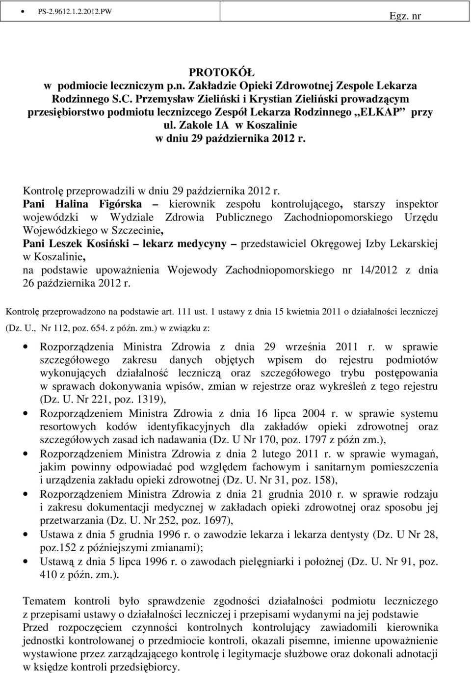 Kontrolę przeprowadzili w dniu 29 października 2012 r.