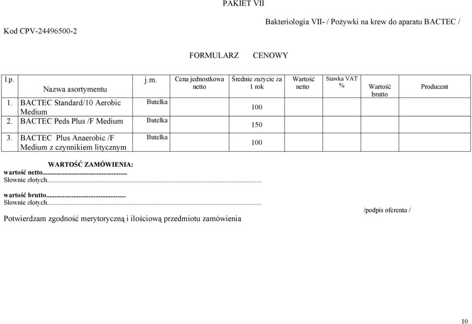 BACTEC Peds Plus /F Medium Butelka Cena jednostkowa Średnie zużycie za 1 rok 100 150