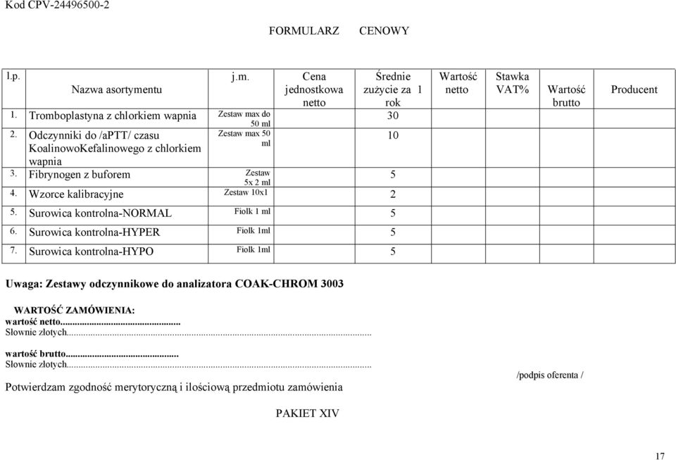 Fibrynogen z buforem Zestaw 5x 2 ml Cena jednostkowa Średnie zużycie za 1 rok 30 4.