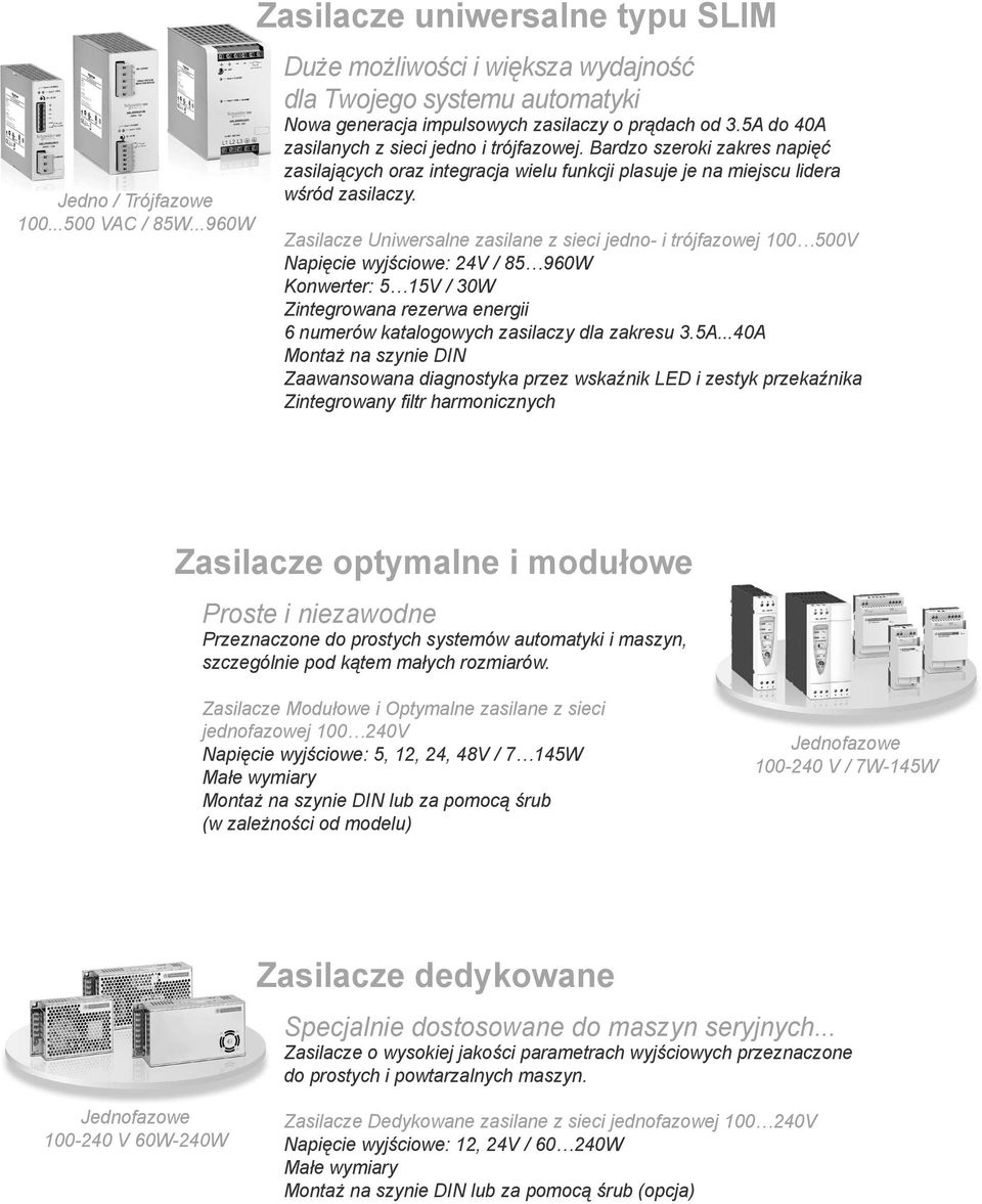 Zasilacze Uniwersalne zasilane z sieci jedno- i trójfazowej 0 00V Napięcie wyjściowe: V / 60W Konwerter: V / 0W Zintegrowana rezerwa energii 6 numerów katalogowych zasilaczy dla zakresu.a...0a Montaż