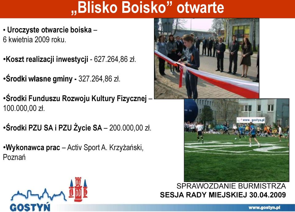 264,86 zł. Środki Funduszu Rozwoju Kultury Fizycznej 100.000,00 zł.