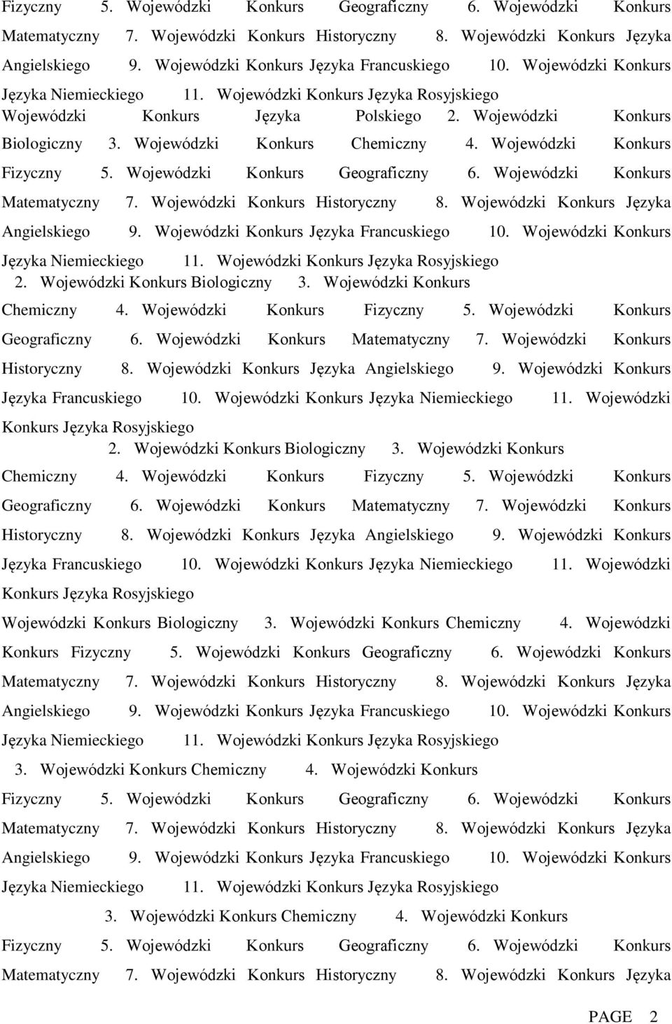 Wojewódzki Konkurs Wojewódzki Konkurs Języka Niemieckiego11.Wojewódzki Konkurs Języka Rosyjskiego 2.Wojewódzki Konkurs Biologiczny3.Wojewódzki Konkurs Chemiczny4.