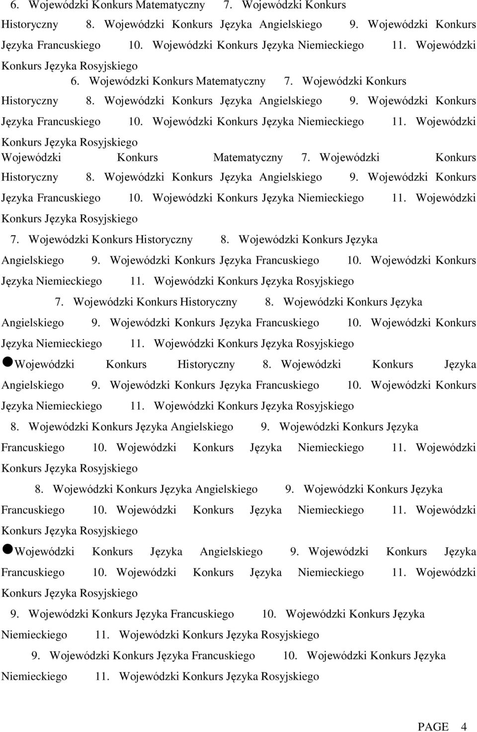 Wojewódzki Konkurs Języka Francuskiego10.Wojewódzki Konkurs Języka Niemieckiego11.Wojewódzki Konkurs Języka Rosyjskiego 7.Wojewódzki Konkurs Historyczny8.Wojewódzki Konkurs Języka Angielskiego9.