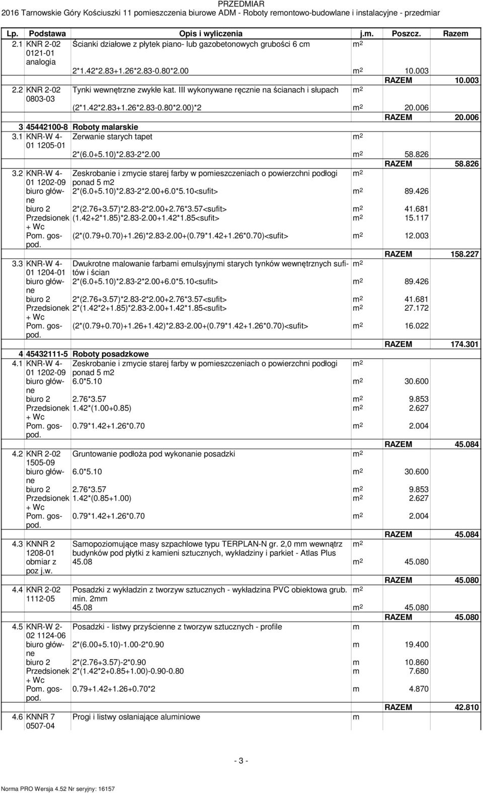 III wykonywane ręcznie na ścianach i słupach 2 0803-03 (2*1.42*2.83+1.26*2.83-0.80*2.00)*2 2 20.006 RAZEM 20.006 3 45442100-8 Roboty alarskie 3.1 KNR-W 4- Zerwanie starych tapet 2 01 1205-01 2*(6.0+5.