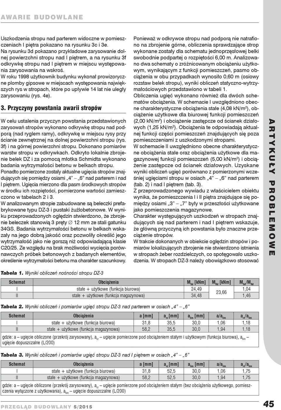 W roku 1998 użytkownik budynku wykonał prowizoryczne plomby gipsowe w miejscach występowania największych rys w stropach, które po upływie 14 lat nie uległy zarysowaniu (rys. 4e). 3.