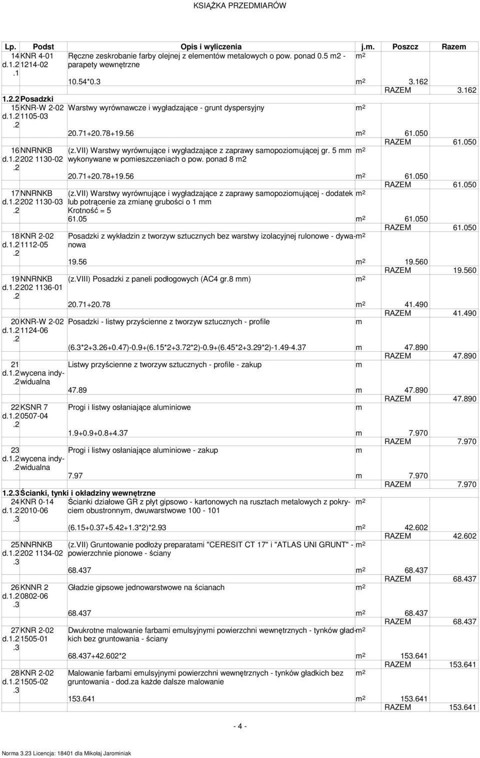 vii) Warstwy wyrównujące i wygładzające z zaprawy saopozioującej gr. 5 2 d202 1130-02 wykonywane w poieszczeniach o pow. ponad 8 2 20.71+20.78+19.56 2 61.050 RAZEM 61.050 17 NNRNKB (z.