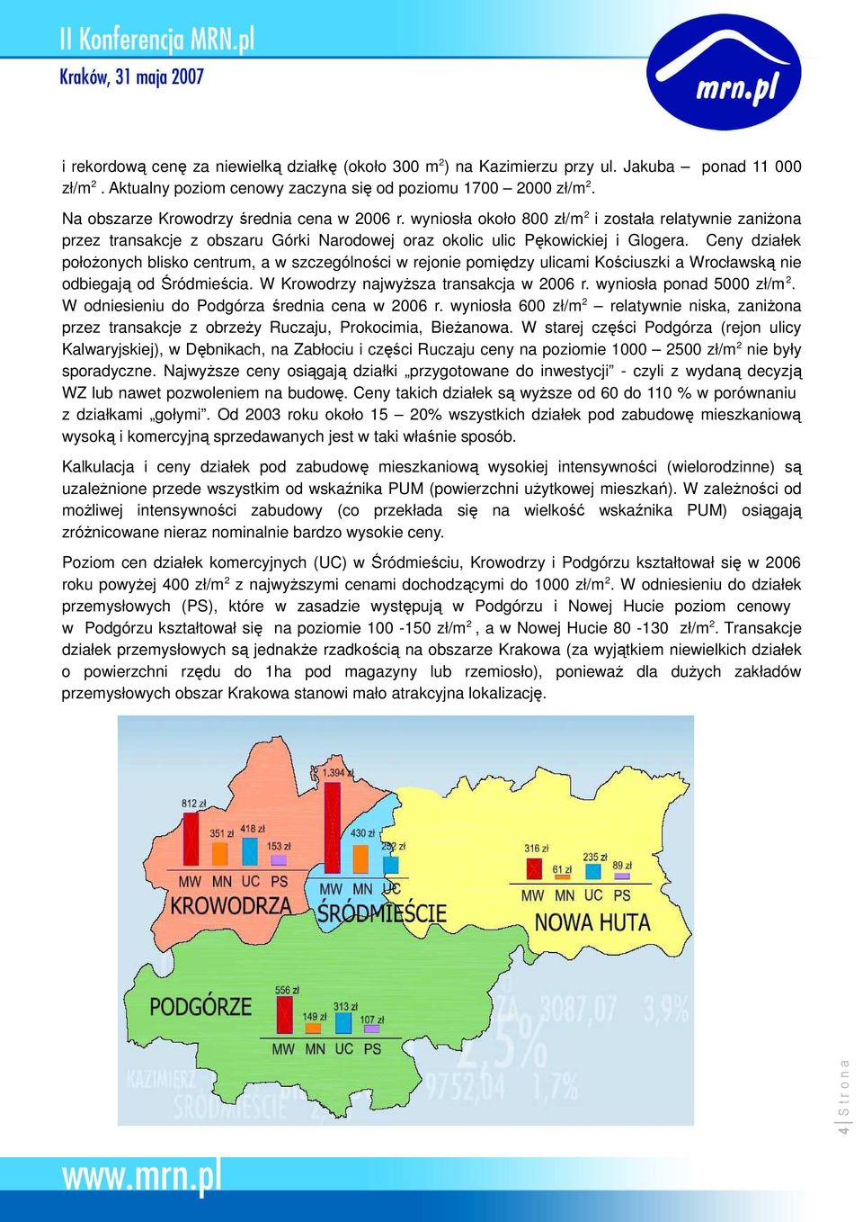 Ceny działek połoŝonych blisko centrum, a w szczególności w rejonie pomiędzy ulicami Kościuszki a Wrocławską nie odbiegają od Śródmieścia. W Krowodrzy najwyŝsza transakcja w 2006 r.