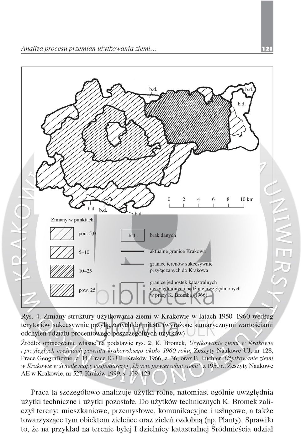 Zmiany struktury użytkowania ziemi w Krakowie w latach 1950 1960 według terytoriów sukcesywnie przyłączanych do miasta (wyrażone sumarycznymi wartościami odchyleń udziału procentowego poszczególnych