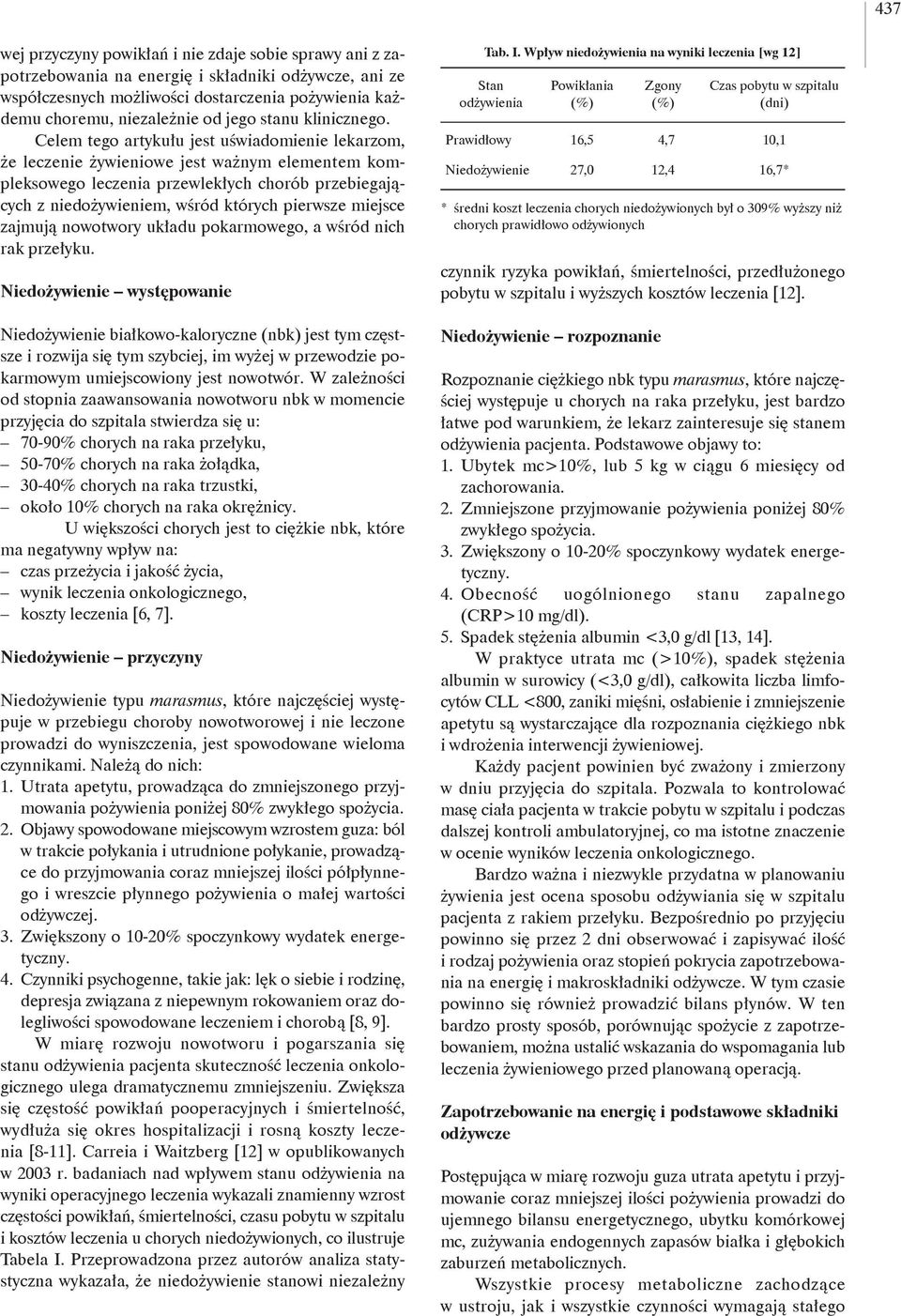 Celem tego artykułu jest uświadomienie lekarzom, że leczenie żywieniowe jest ważnym elementem kompleksowego leczenia przewlekłych chorób przebiegających z niedożywieniem, wśród których pierwsze