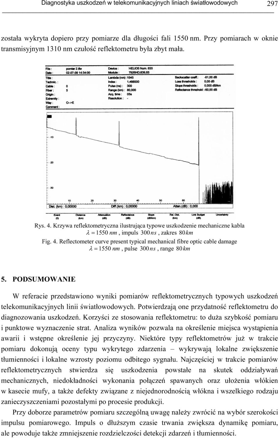 Krzywa reflektometryczna ilustrująca typowe uszkodzenie mechaniczne kabla λ = 1550 nm, impuls 300 ns, zakres 80 km Fi. 4.