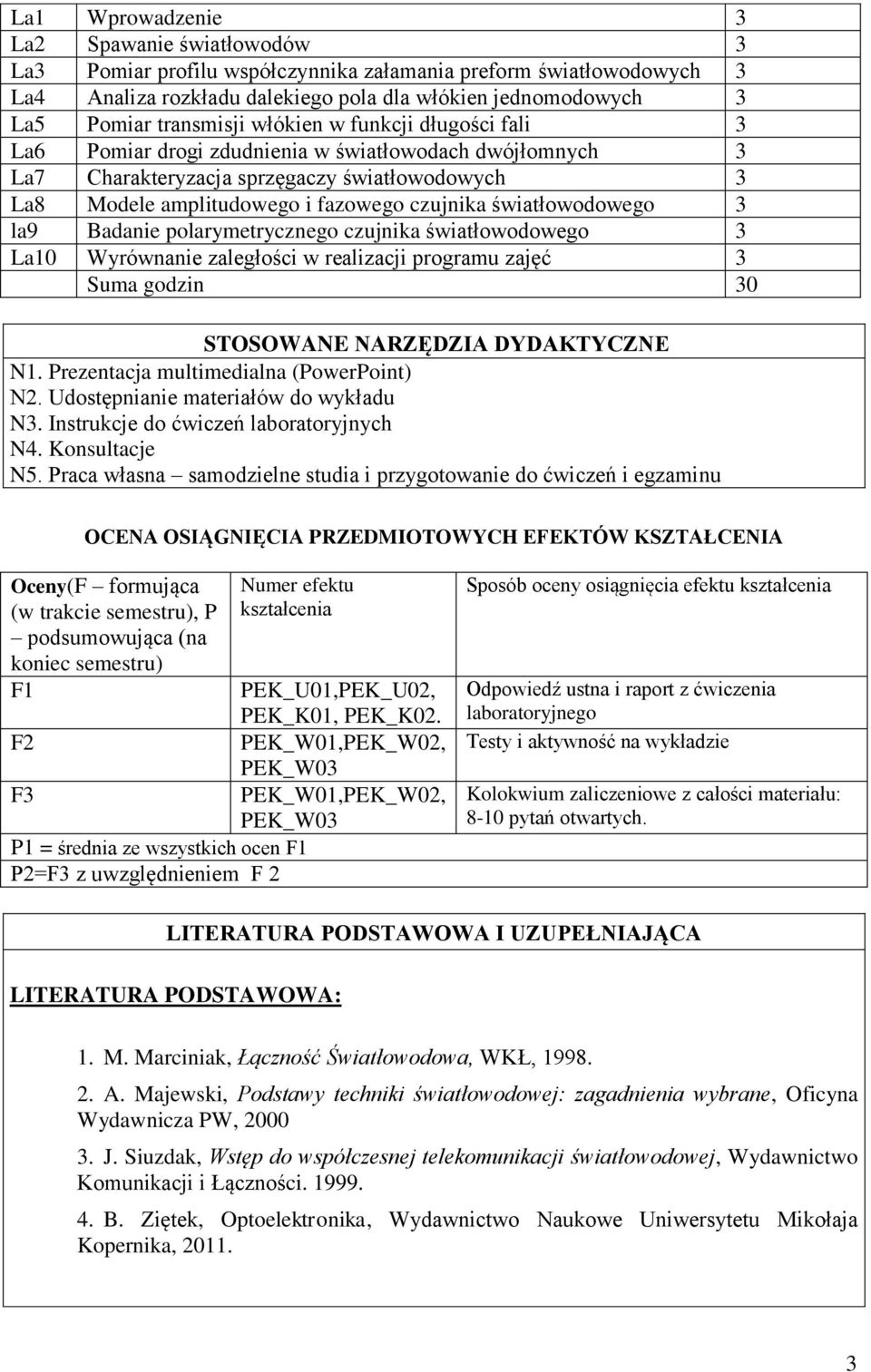 światłowodowego 3 la9 Badanie polarymetrycznego czujnika światłowodowego 3 La10 Wyrównanie zaległości w realizacji programu zajęć 3 Suma godzin 30 STOSOWANE NARZĘDZIA DYDAKTYCZNE N1.