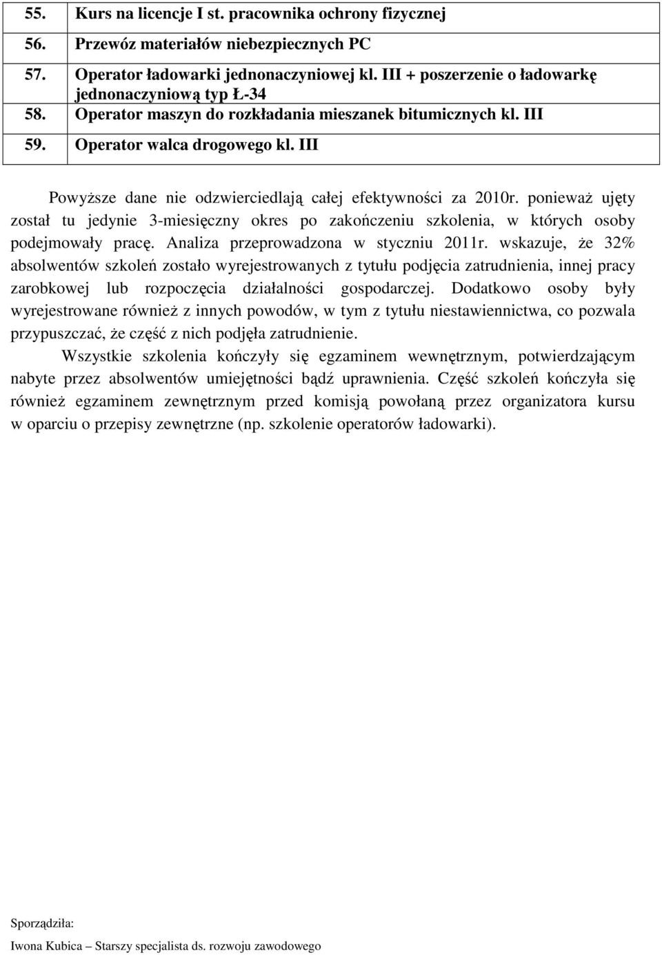 ponieważ ujęty został tu jedynie 3-miesięczny okres po zakończeniu szkolenia, w których osoby podejmowały pracę. Analiza przeprowadzona w styczniu 2011r.