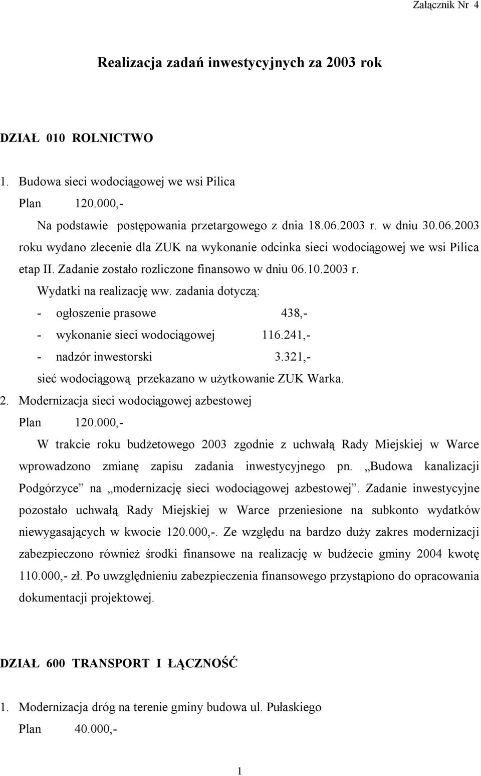 zadania dotyczą: - ogłoszenie prasowe 438,- - wykonanie sieci wodociągowej 116.241,- - nadzór inwestorski 3.321,- sieć wodociągową przekazano w użytkowanie ZUK Warka. 2.