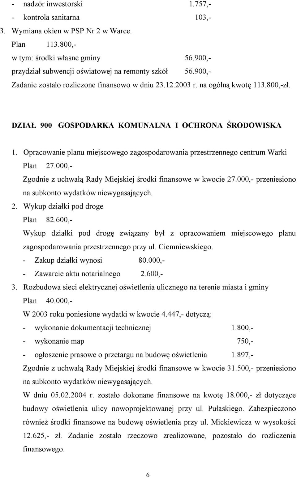 Opracowanie planu miejscowego zagospodarowania przestrzennego centrum Warki Plan 27.000,- Zgodnie z uchwałą Rady Miejskiej środki finansowe w kwocie 27.