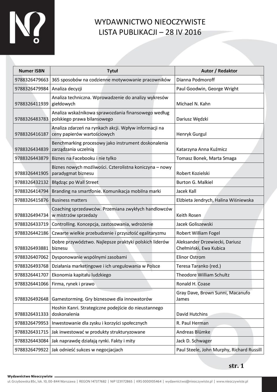 Wpływ informacji na ceny papierów wartościowych Benchmarking procesowy jako instrument doskonalenia zarządzania uczelnią Michael N.