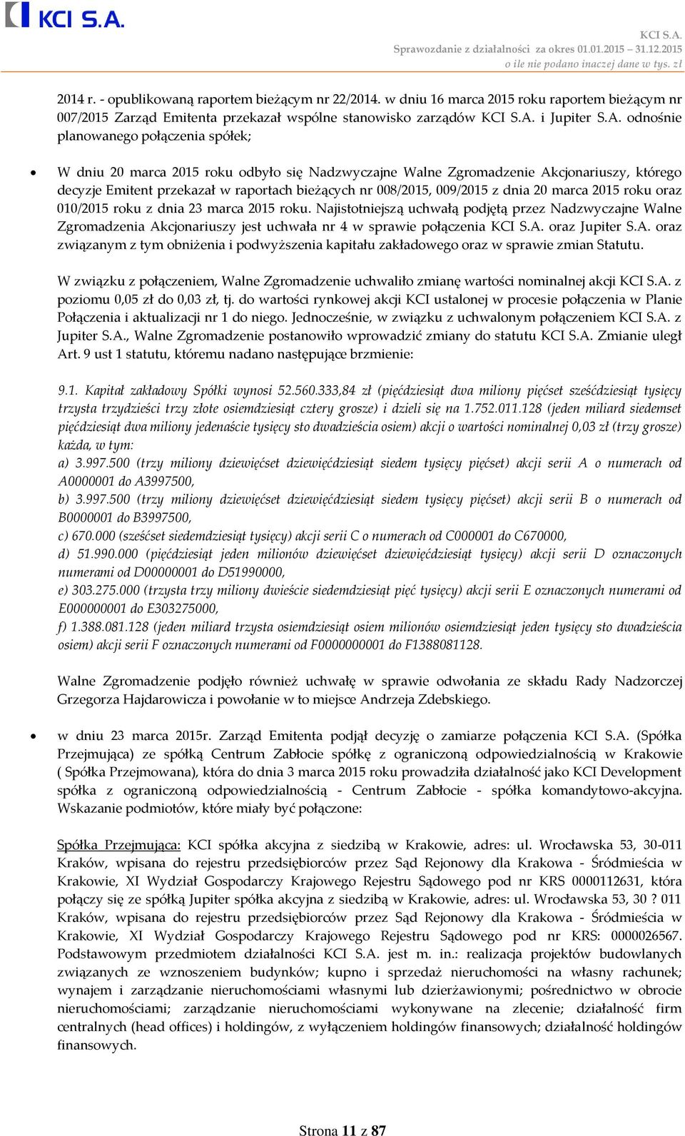 odnośnie planowanego połączenia spółek; W dniu 20 marca 2015 roku odbyło się Nadzwyczajne Walne Zgromadzenie Akcjonariuszy, którego decyzje Emitent przekazał w raportach bieżących nr 008/2015,