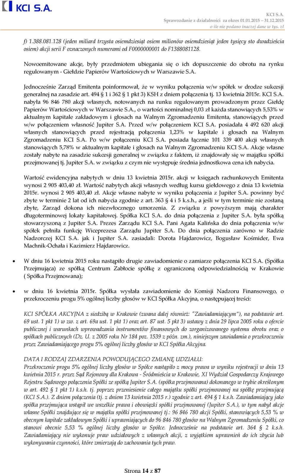Jednocześnie Zarząd Emitenta poinformował, że w wyniku połączenia w/w spółek w drodze sukcesji generalnej na zasadzie art. 494 1 i 362 1 pkt 3) KSH z dniem połączenia tj. 13 kwietnia 2015r. KCI S.A.