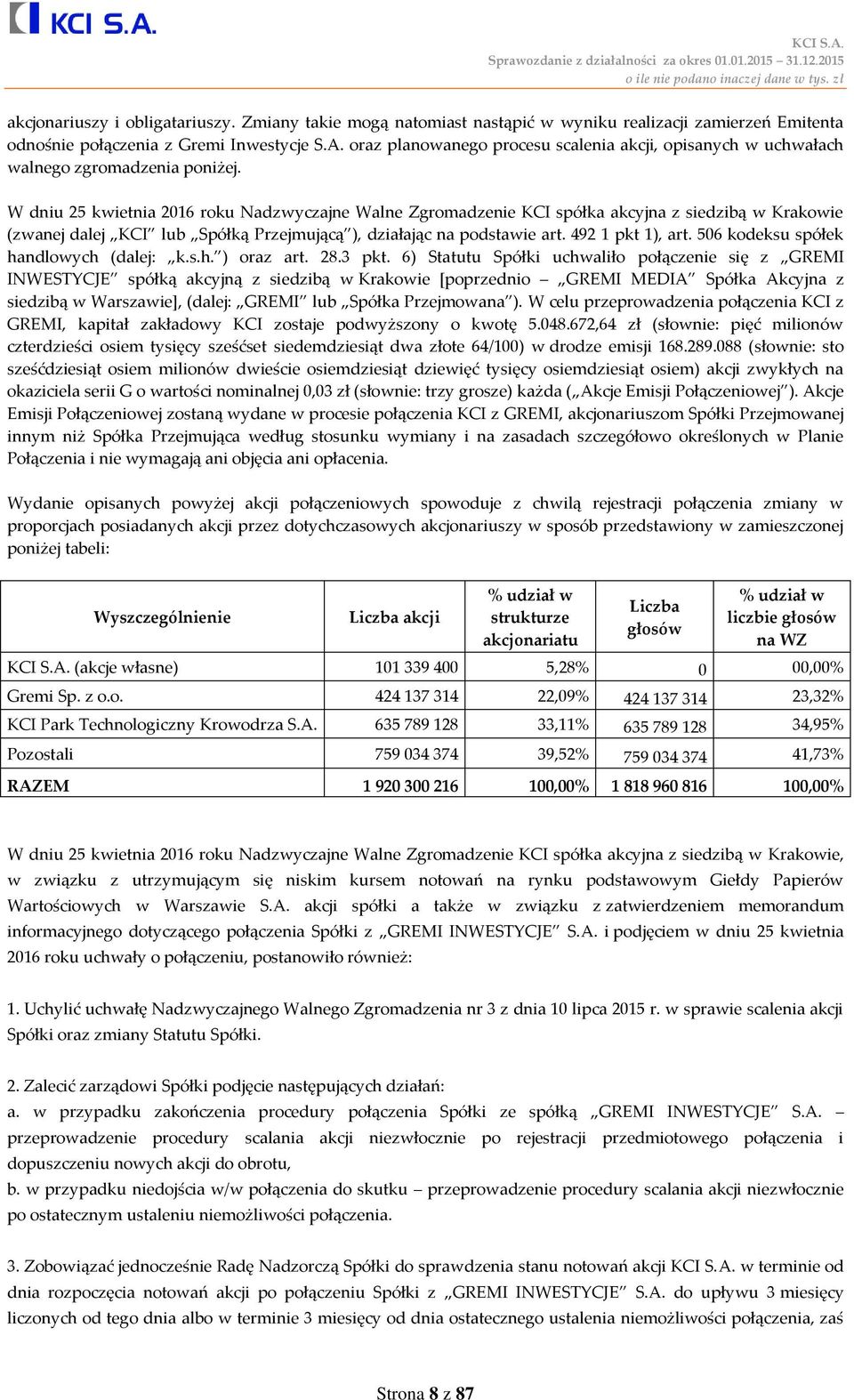 W dniu 25 kwietnia 2016 roku Nadzwyczajne Walne Zgromadzenie KCI spółka akcyjna z siedzibą w Krakowie (zwanej dalej KCI lub Spółką Przejmującą ), działając na podstawie art. 492 1 pkt 1), art.