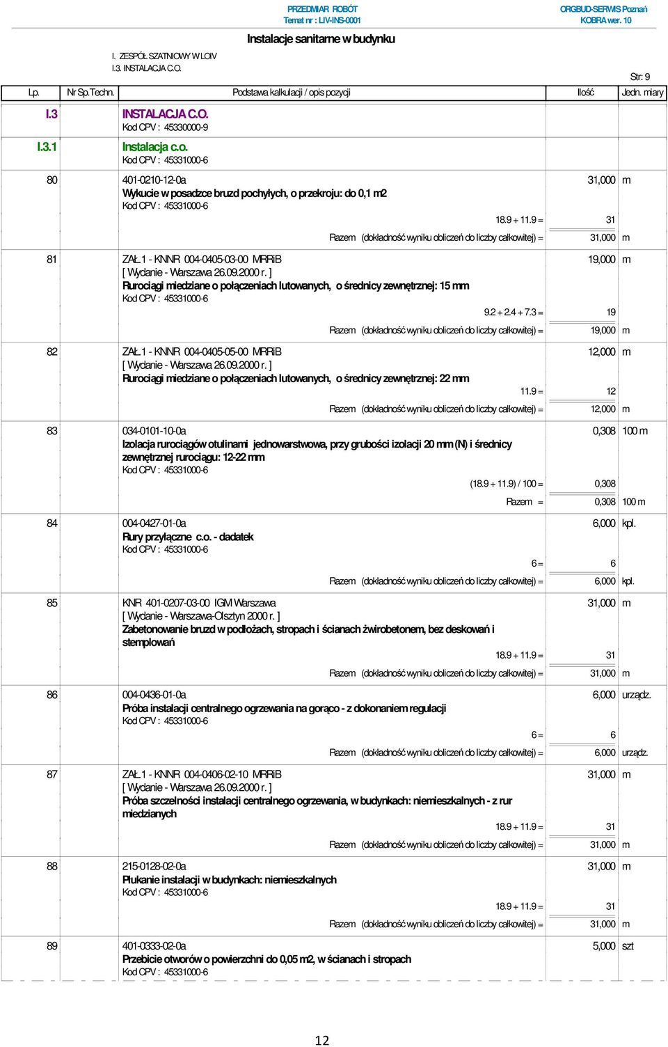 1 - KNNR 004-0405-03-00 MRRiB 19,000 m Rurociągi miedziane o połączeniach lutowanych, o średnicy zewnętrznej: 15 mm 9.2 + 2.4 + 7.