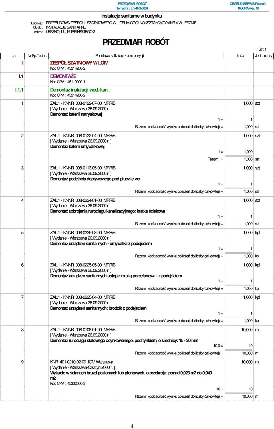 1 - KNNR 008-0122-07-00 MRRiB Demontaż baterii natryskowej Razem (dokładność wyniku obliczeń do liczby całkowitej) = 2 ZAŁ.1 - KNNR 008-0122-04-00 MRRiB Demontaż baterii umywalkowej,000 Razem = 3 ZAŁ.