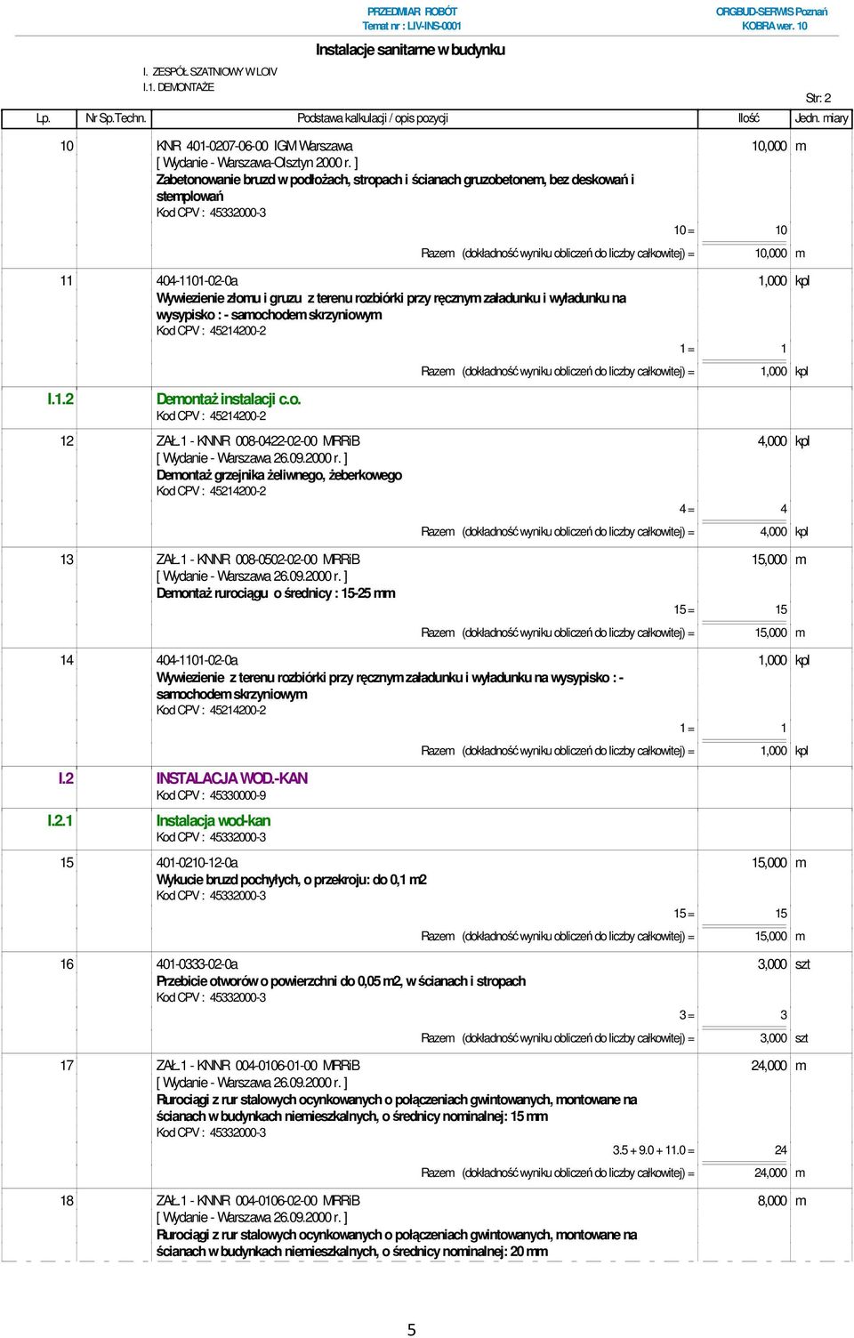 Wywiezienie złomu i gruzu z terenu rozbiórki przy ręcznym załadunku i wyładunku na wysypisko : - samochodem skrzyniowym Kod CPV : 45214200-2 I.1.2 Demontaż instalacji c.o. Kod CPV : 45214200-2 Razem (dokładność wyniku obliczeń do liczby całkowitej) = 1,000 kpl 12 ZAŁ.