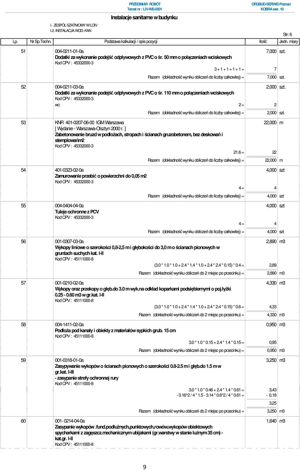 Dodatki za wykonanie podejść odpływowych z PVC o śr. 110 mm o połączeniach wciskowych wc: 2 = 2 Razem (dokładność wyniku obliczeń do liczby całkowitej) = 2,000 szt.
