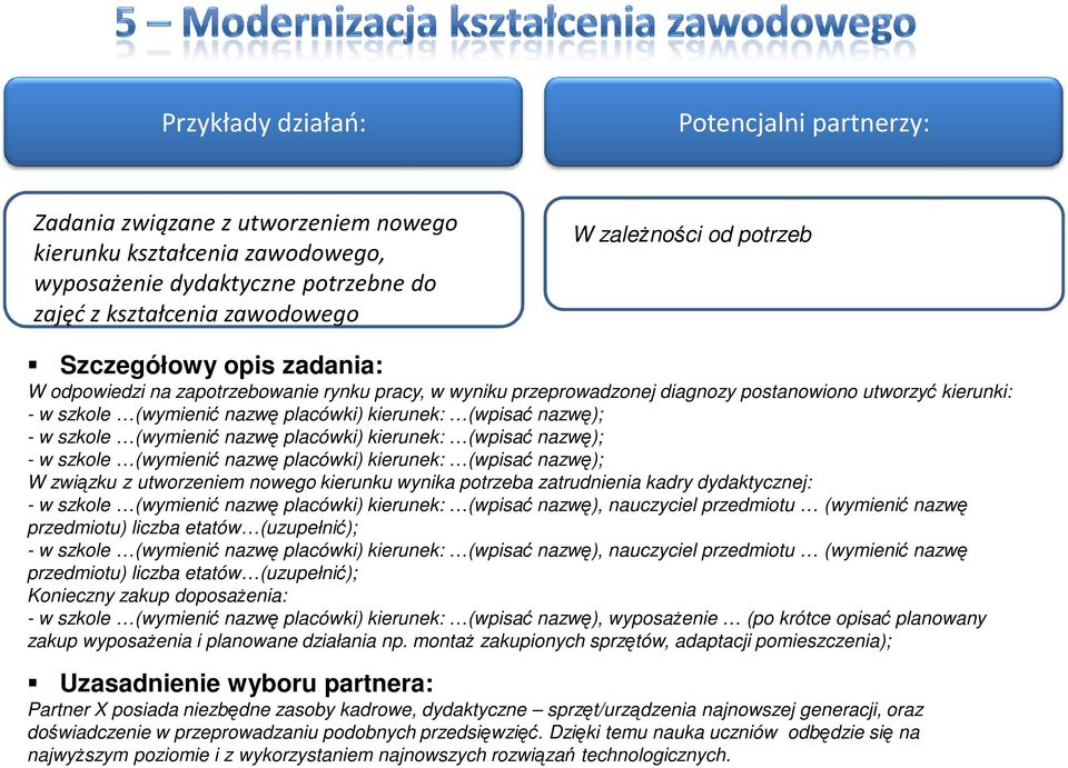 nazwę); - w szkole (wymienić nazwę placówki) kierunek: (wpisać nazwę); W związku z utworzeniem nowego kierunku wynika potrzeba zatrudnienia kadry dydaktycznej: - w szkole (wymienić nazwę placówki)