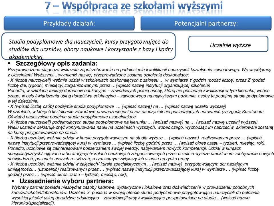 We współpracy z Uczelniami Wyższymi (wymienić nazwę) przeprowadzone zostaną szkolenia doskonalące: - X (liczba nauczycieli) weźmie udział w szkoleniach doskonalących z zakresu w wymiarze Y godzin