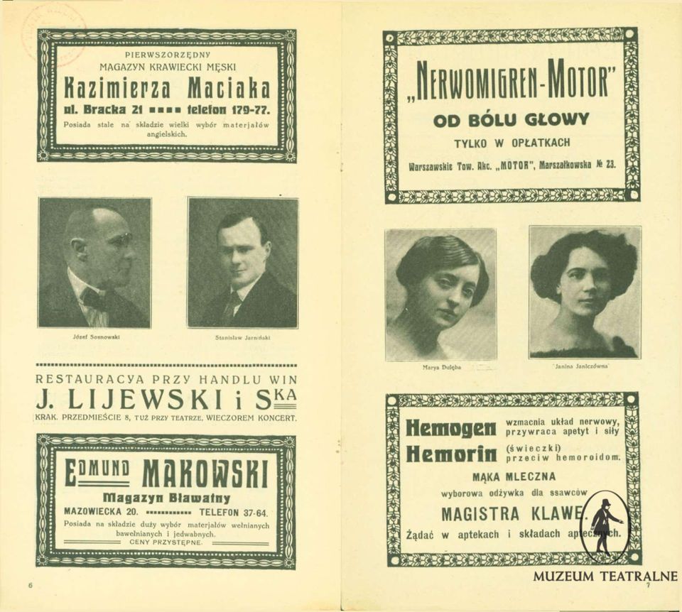 LIJEWSKI KRAK, PRZEDMIEŚCIE 8, TU2 PRZY TEATRZE, WIECZOREM KONCERT, E S IHlKOHSKI magazyn Blamatny MAZOWIECKA 20, TELEFON 37 64.