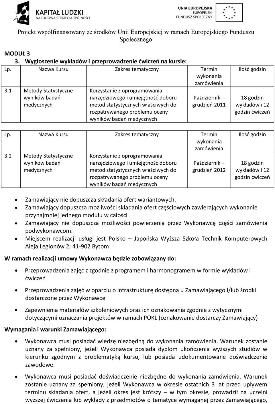 medycznych Październik grudzieo 2011 Lp. Nazwa Kursu Zakres tematyczny Termin wykonania zamówienia 3.