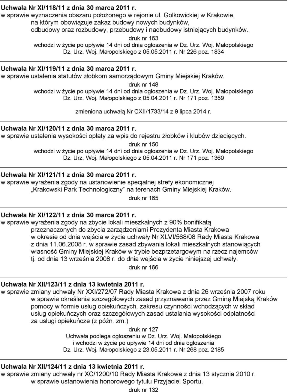 Nr 226 poz. 1834 Uchwała Nr XI/119/11 z dnia 30 marca 2011 r. w sprawie ustalenia statutów żłobkom samorządowym Gminy Miejskiej Kraków. druk nr 148 Dz. Urz. Woj. Małopolskiego z 05.04.2011 r. Nr 171 poz.