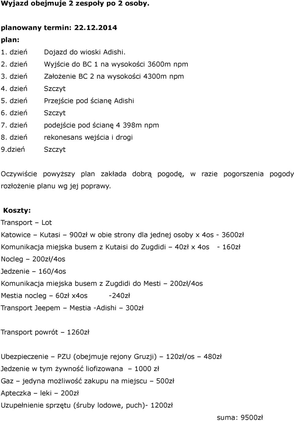 dzień Szczyt Oczywiście powyższy plan zakłada dobrą pogodę, w razie pogorszenia pogody rozłożenie planu wg jej poprawy.