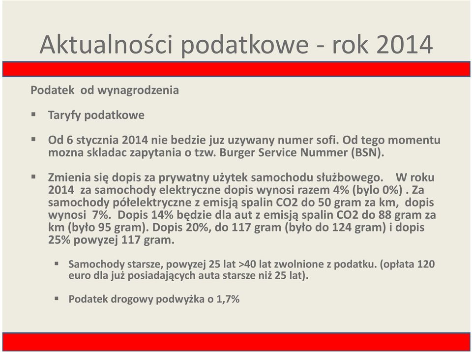 Za samochody półelektryczne z emisją spalin CO2 do 50 gram za km, dopis wynosi 7%. Dopis 14% będzie ę dla aut z emisją spalin CO2 do 88 gram za km (było 95 gram).