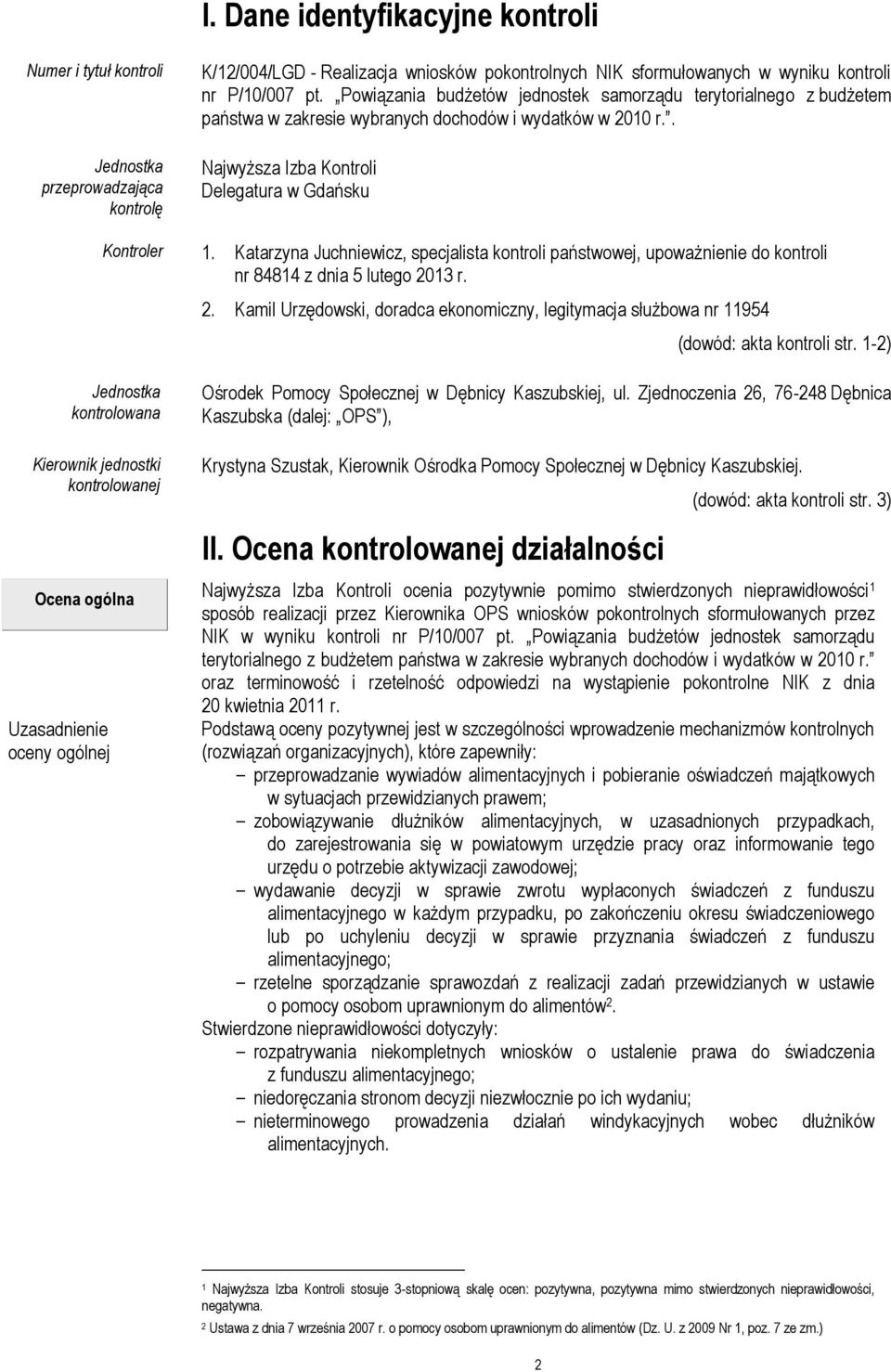 . Najwyższa Izba Kontroli Delegatura w Gdańsku 1. Katarzyna Juchniewicz, specjalista kontroli państwowej, upoważnienie do kontroli nr 84814 z dnia 5 lutego 20