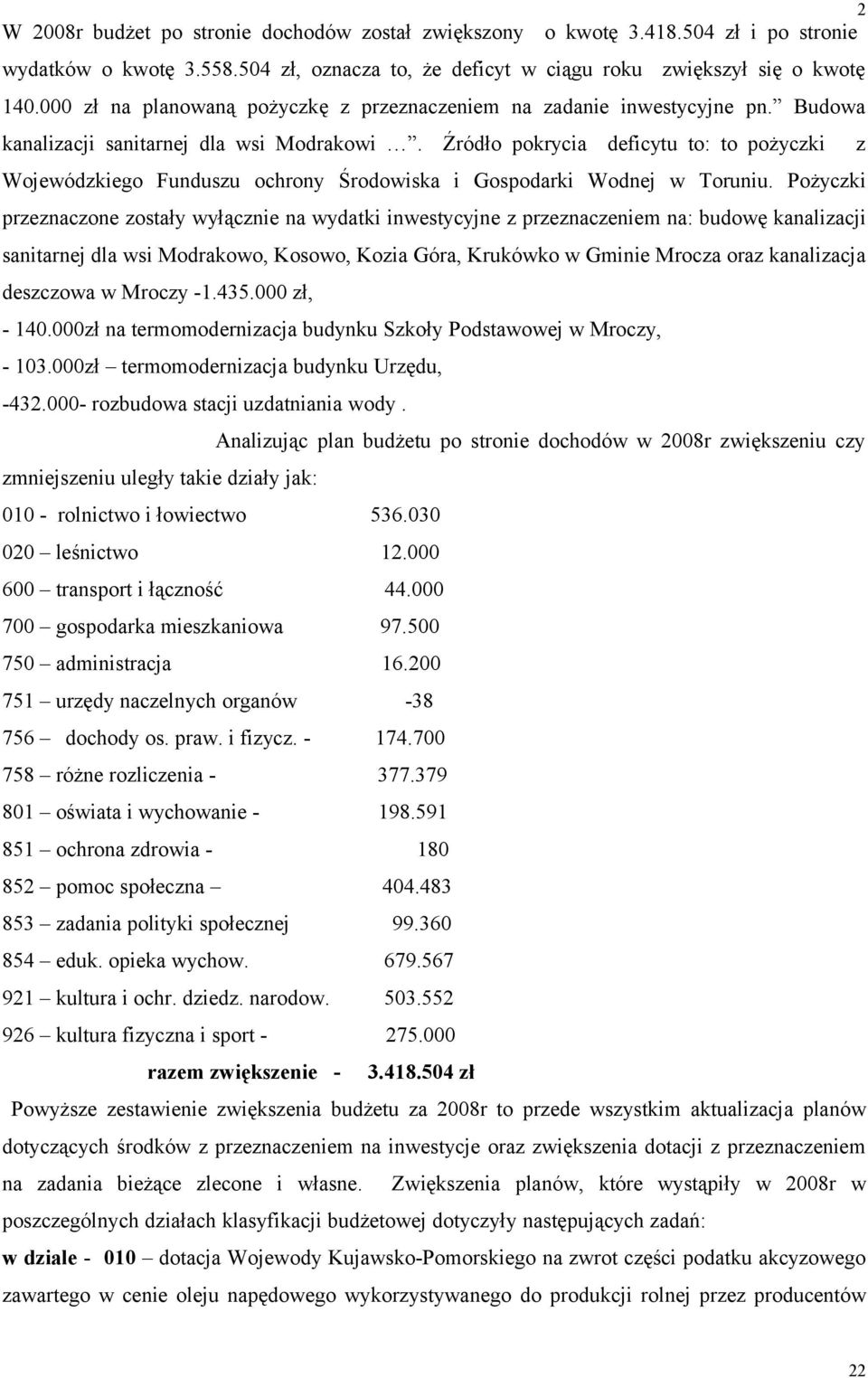 Źródło pokrycia deficytu to: to pożyczki z Wojewódzkiego Funduszu ochrony Środowiska i Gospodarki Wodnej w Toruniu.