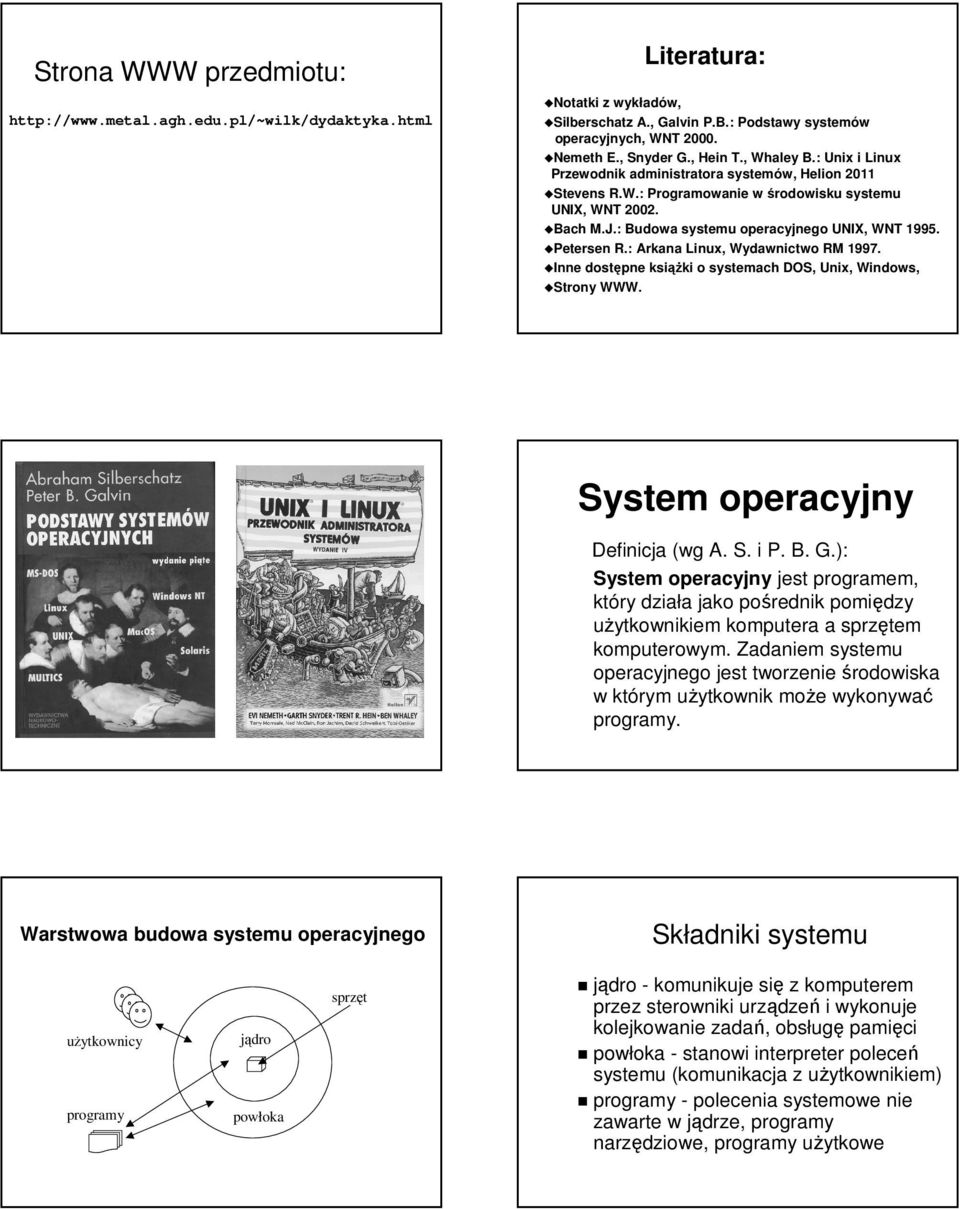 : Budowa systemu operacyjnego UNIX, WNT 1995. Petersen R.: Arkana Linux, Wydawnictwo RM 1997. Inne dostępne książki o systemach DOS, Unix, Windows, Strony WWW. System operacyjny Definicja (wg A. S. i P.