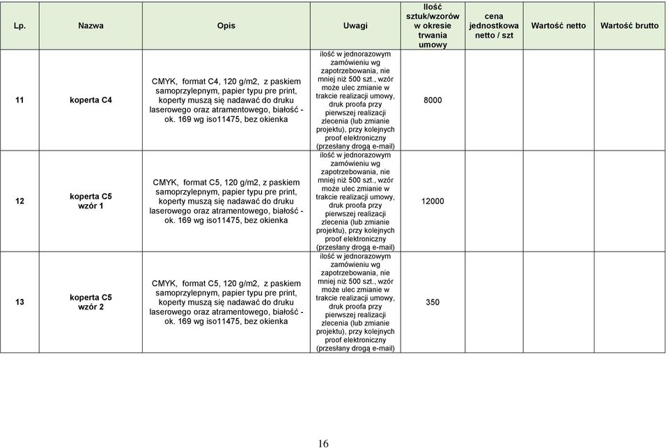 169 wg iso11475, bez okienka CMYK, format C5, 120 g/m2, z paskiem samoprzylepnym, papier typu pre print, koperty muszą się nadawać do druku laserowego  169 wg iso11475, bez okienka CMYK, format C5,