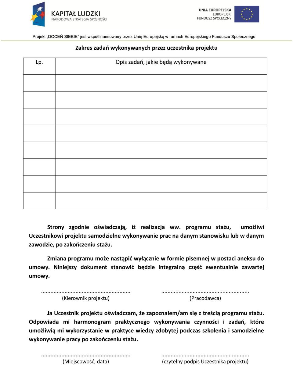 Zmiana programu może nastąpić wyłącznie w formie pisemnej w postaci aneksu do umowy. Niniejszy dokument stanowić będzie integralną część ewentualnie zawartej umowy.
