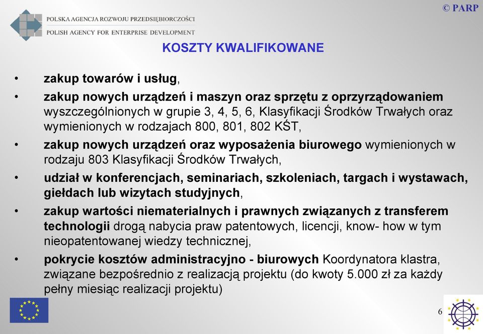 wystawach, giełdach lub wizytach studyjnych, zakup wartości niematerialnych i prawnych związanych z transferem technologii drogą nabycia praw patentowych, licencji, know- how w tym