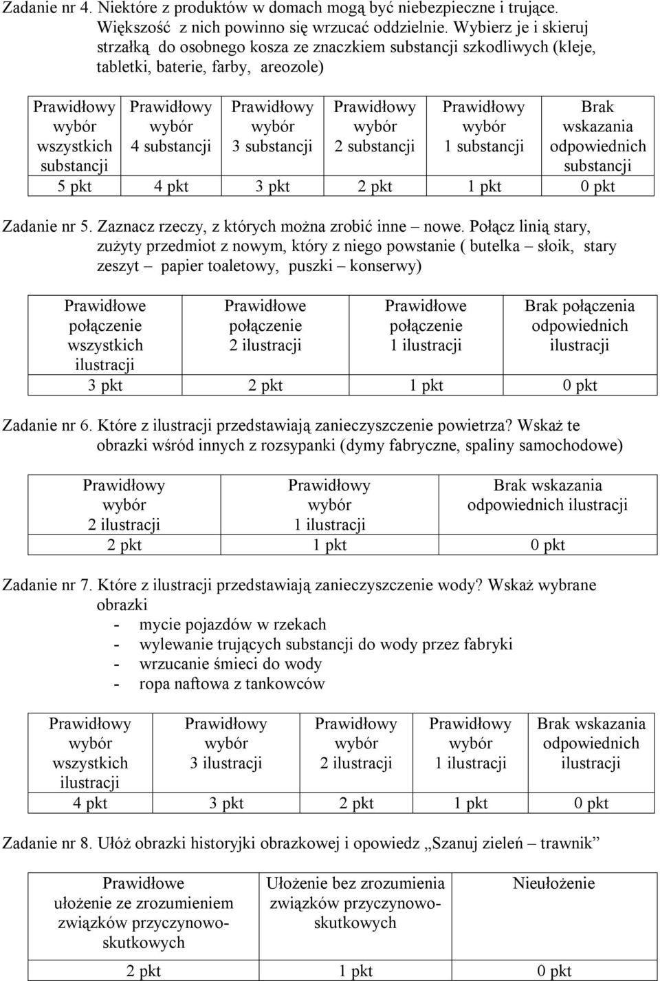 substancji Brak wskazania odpowiednich substancji 5 pkt 4 pkt 3 pkt 2 pkt 1 pkt 0 pkt Zadanie nr 5. Zaznacz rzeczy, z których można zrobić inne nowe.